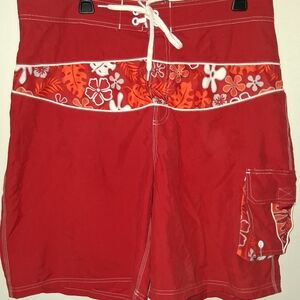 Rust Floral Trim Men's Swim Trunks